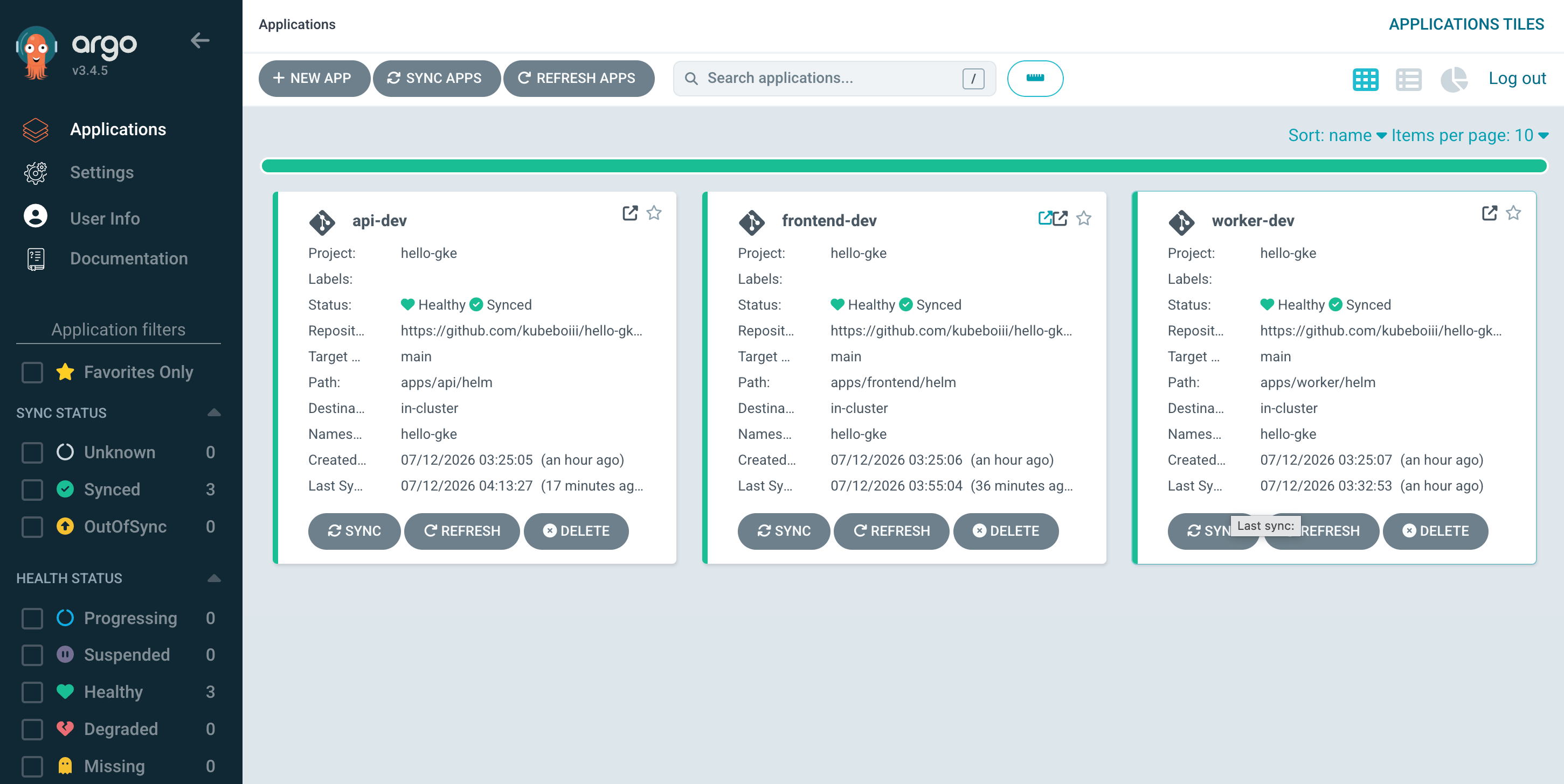 Argo CD applications synced and healthy
