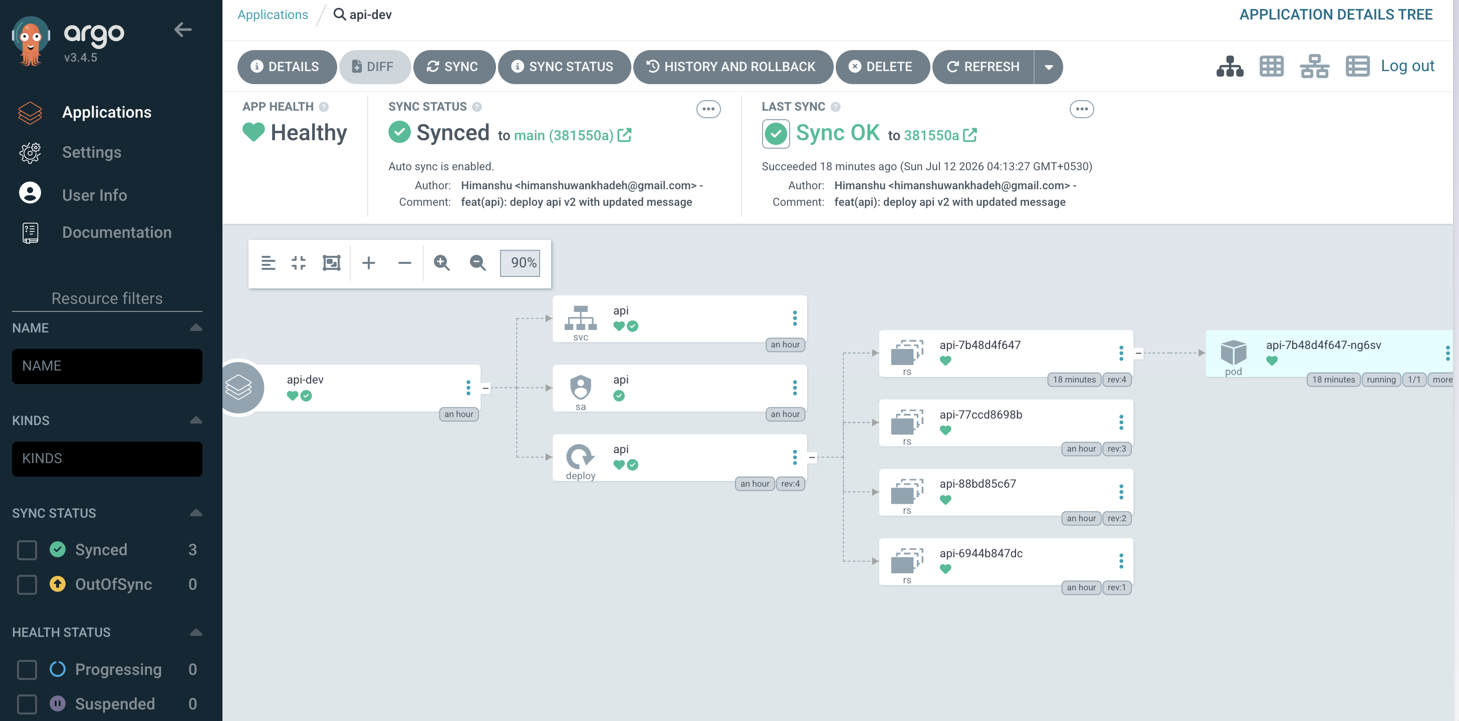 Argo CD api-dev synced to v2 commit