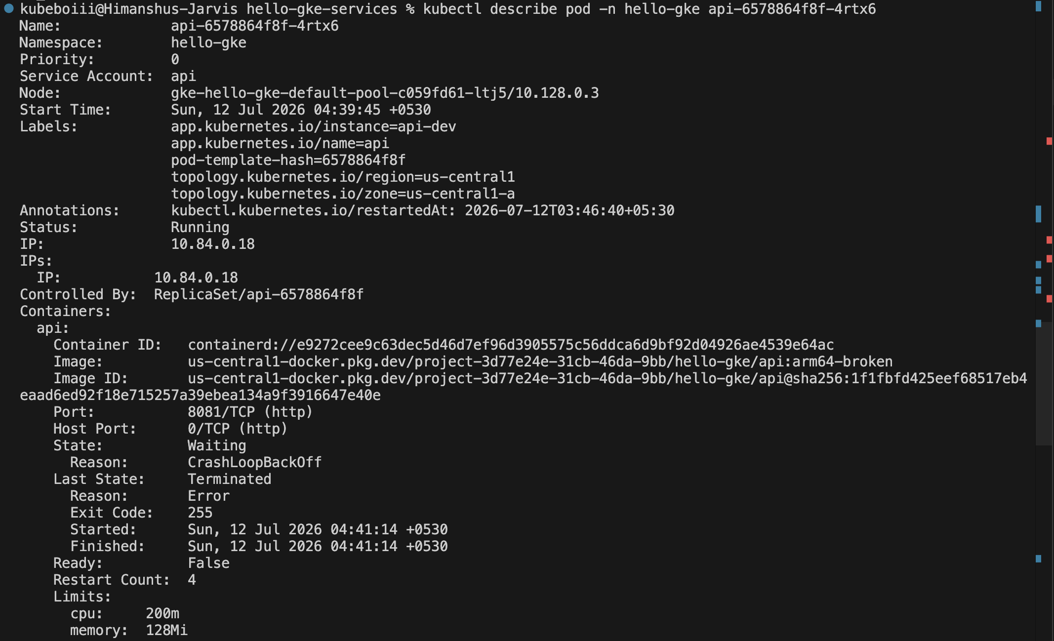 kubectl describe pod in CrashLoopBackOff