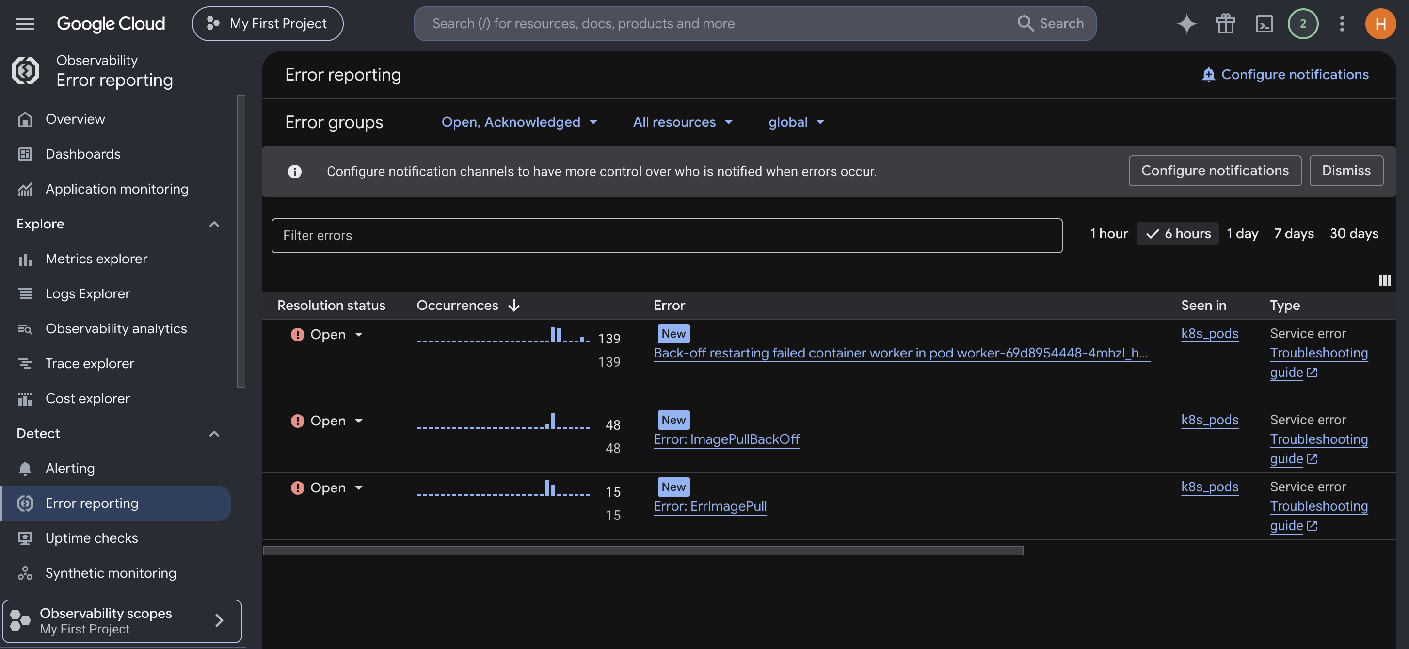 GCP Error Reporting showing ImagePullBackOff